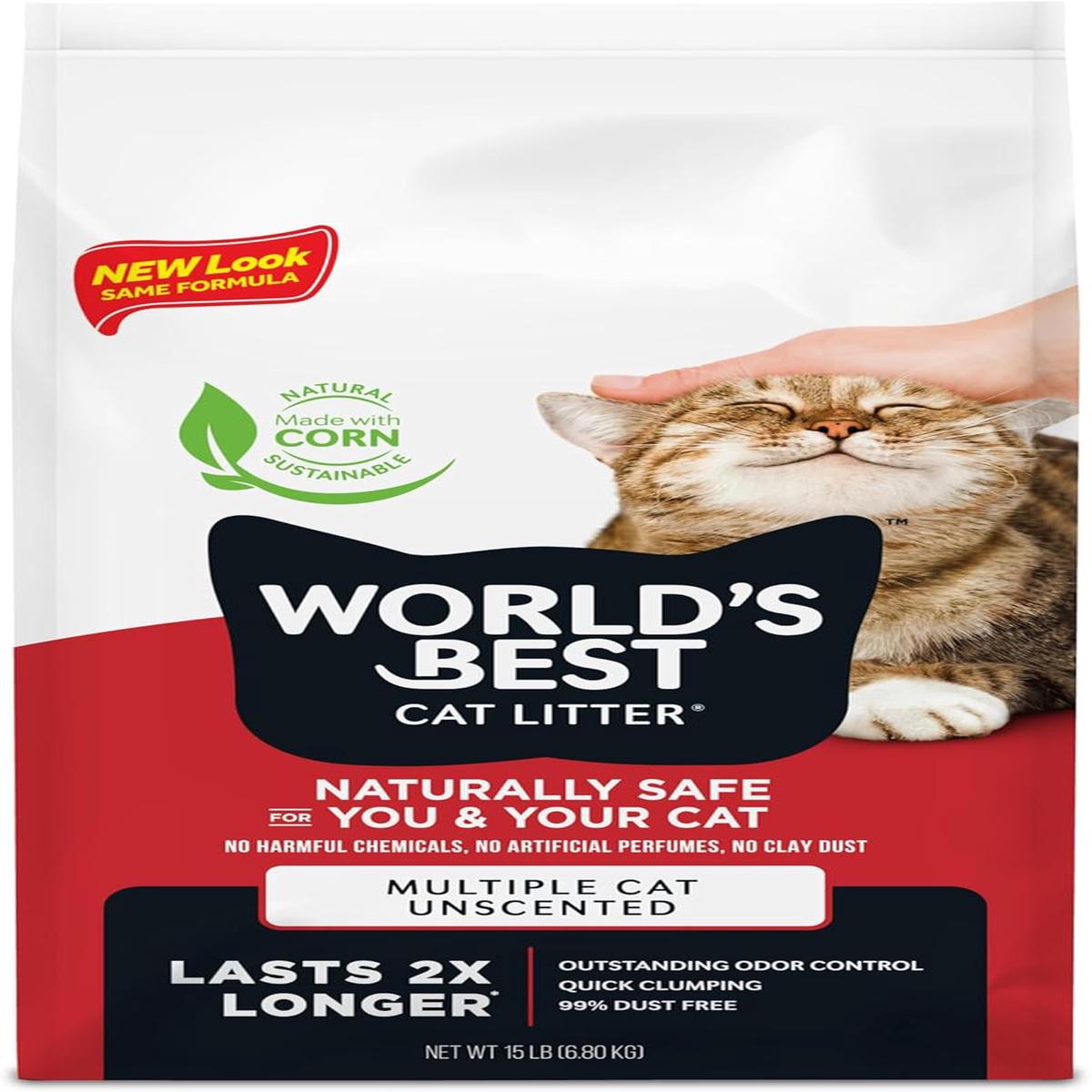 WORLD'S BEST CAT LITTER Multiple Cat Unscented, 32-Pounds - Natural Ingredients, Quick Clumping, Flushable, 99% Dust Free & Made in USA - Long-Lasting Odor Control & Easy Scooping - 15lb