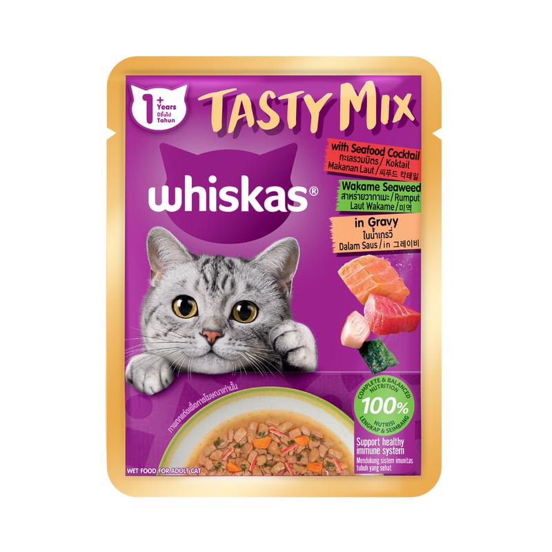 Whiskas Tasty Mix Seafood Cocktail With Wakame Seaweed In Gravy Pouch Wet Cat Food 70g