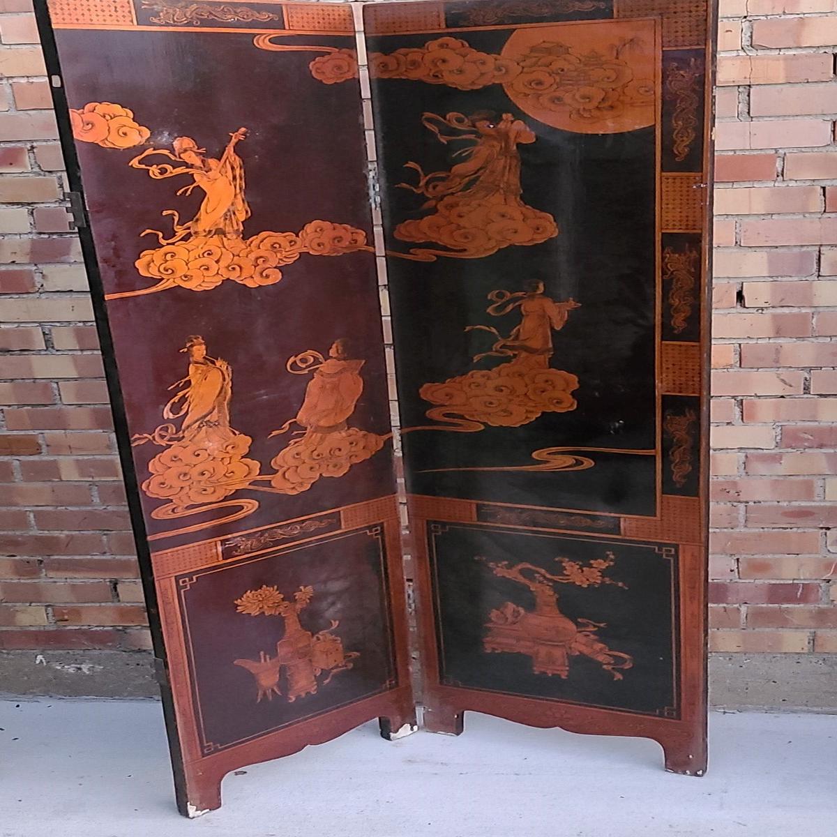 2 PANEL CHINESE SCREEN WITH LADIES AS FOUND