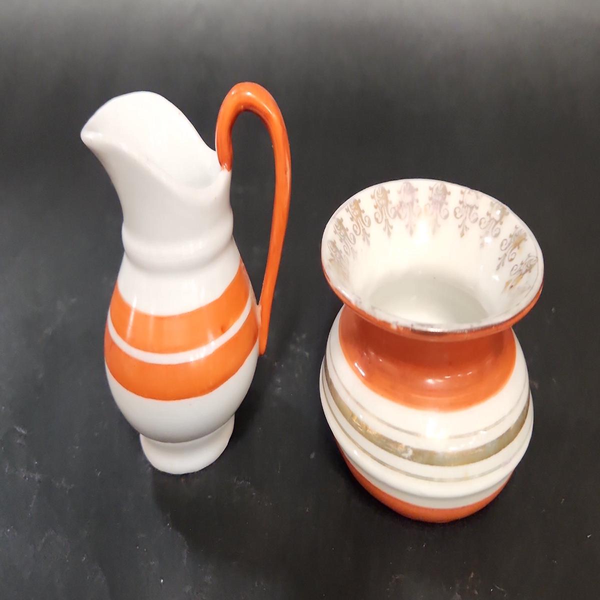 2 PIECE ORANGE AND WHITE MINIATURE BOWL AND PITCHER