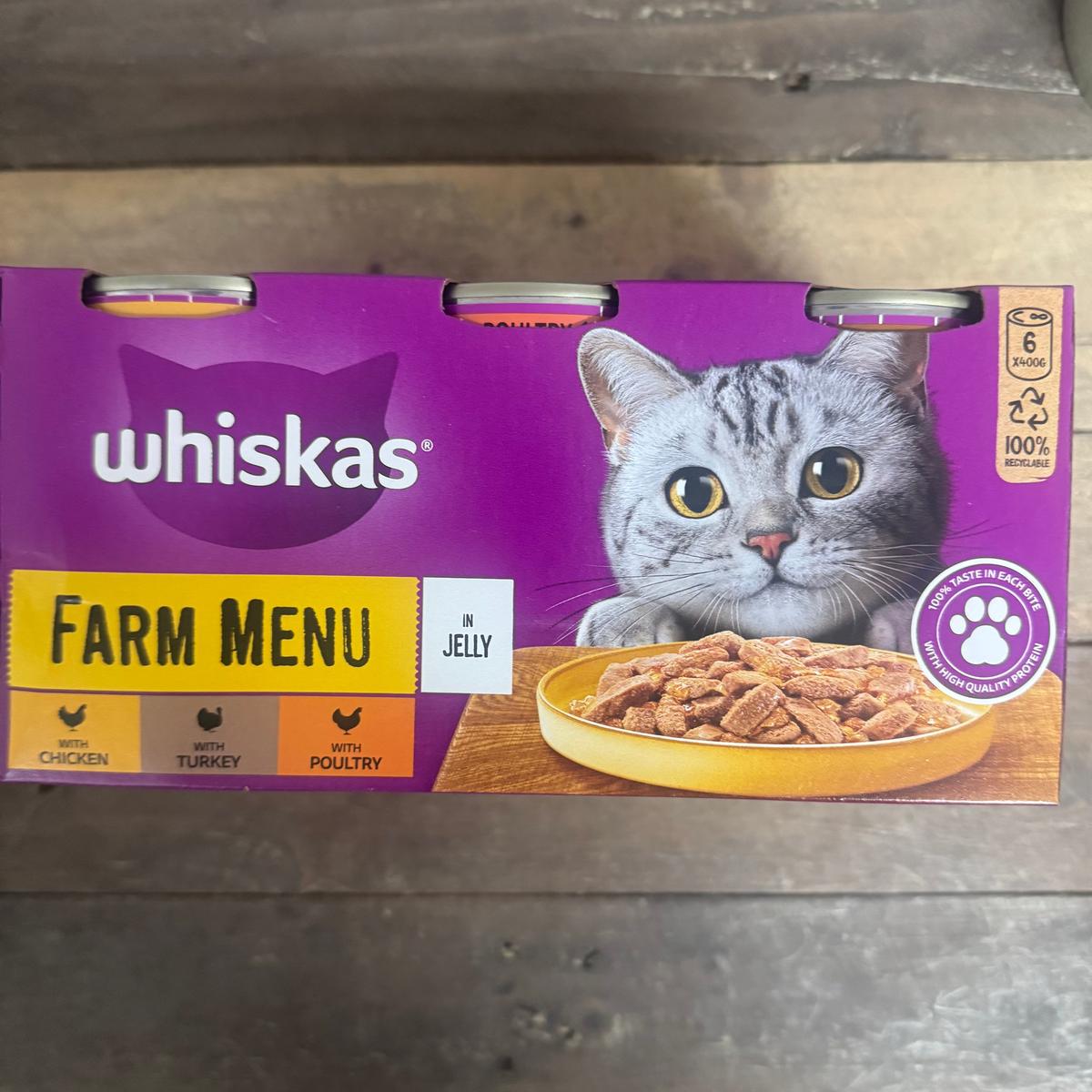 6x Whiskas Farm Menu in Jelly Adult Wet Cat Food Tins (6x400g)